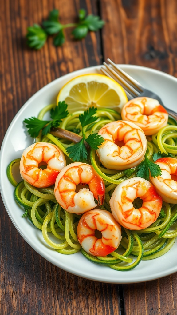 Garlic butter shrimp zucchini noodles garnished with parsley and lemon.